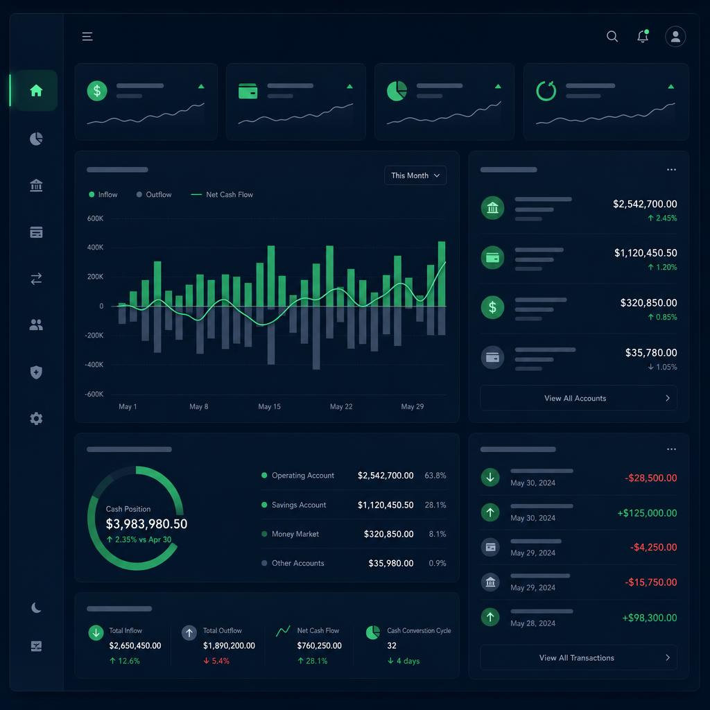 Dashboard modern BNI Direct Cash Management dengan visualisasi data real-time